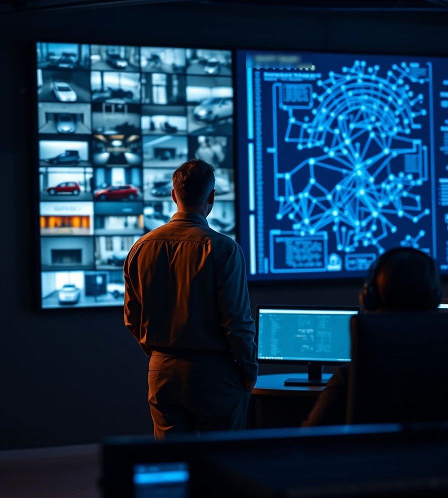 Security control room with CCTV feeds next to a network map